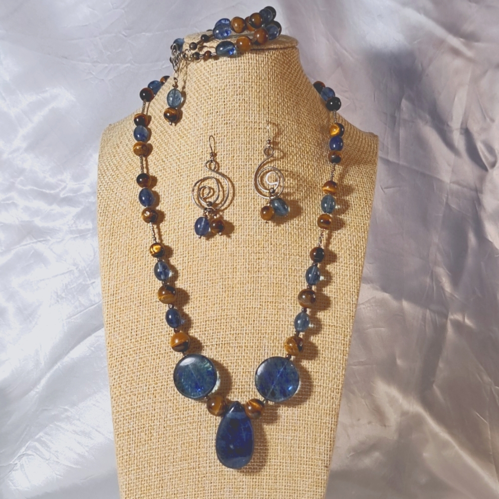 Hand Crafted Tiger Eye and Blue Glass Necklace Earring Bracelet Coord Set
